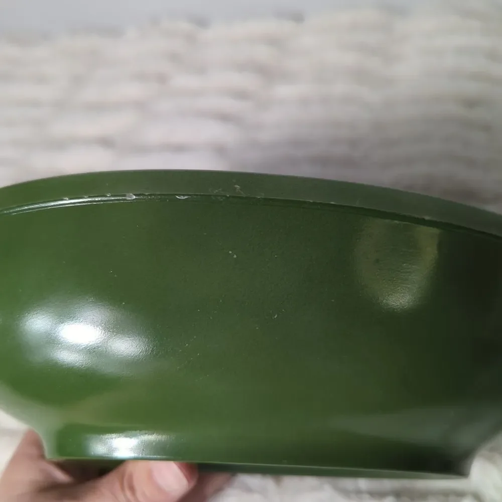 Vintage Glasbake Jeanette Green w/ Gold decorated lid J2274 oval 1 QT Made In US